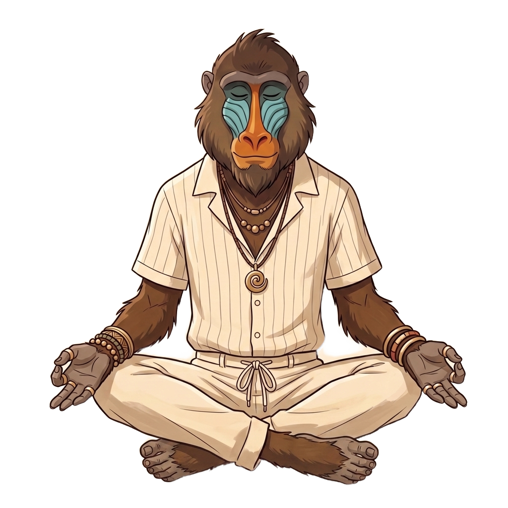 Nami the mandrill sitting cross-legged in meditation, teal cheek ridges and ochre muzzle on a cream plate